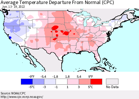 United States Average Temperature Departure from Normal (CPC) Thematic Map For 6/13/2022 - 6/19/2022