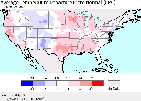 United States Average Temperature Departure from Normal (CPC) Thematic Map For 6/20/2022 - 6/26/2022