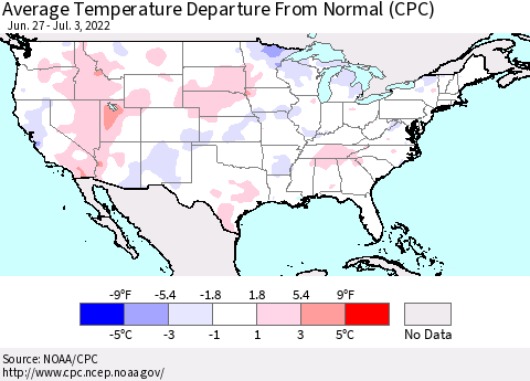 United States Average Temperature Departure from Normal (CPC) Thematic Map For 6/27/2022 - 7/3/2022