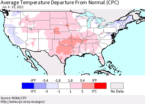 United States Average Temperature Departure from Normal (CPC) Thematic Map For 7/4/2022 - 7/10/2022