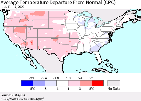 United States Average Temperature Departure from Normal (CPC) Thematic Map For 7/11/2022 - 7/17/2022