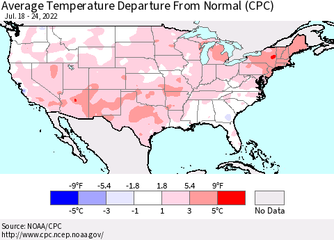 United States Average Temperature Departure from Normal (CPC) Thematic Map For 7/18/2022 - 7/24/2022