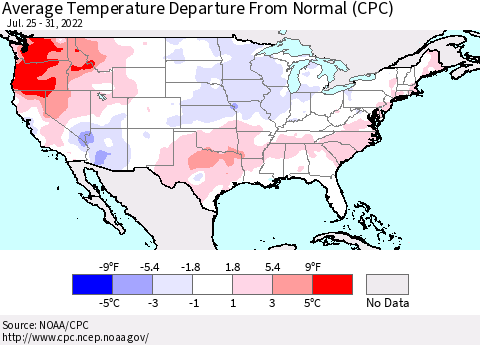 United States Average Temperature Departure from Normal (CPC) Thematic Map For 7/25/2022 - 7/31/2022