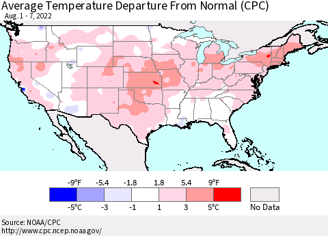 United States Average Temperature Departure from Normal (CPC) Thematic Map For 8/1/2022 - 8/7/2022