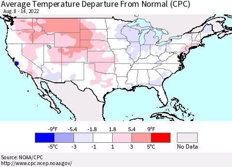 United States Average Temperature Departure from Normal (CPC) Thematic Map For 8/8/2022 - 8/14/2022