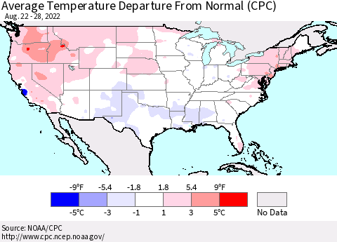 United States Average Temperature Departure from Normal (CPC) Thematic Map For 8/22/2022 - 8/28/2022