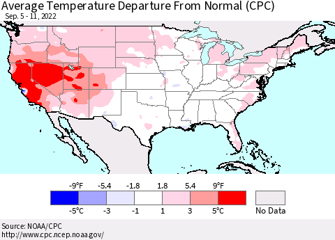 United States Average Temperature Departure from Normal (CPC) Thematic Map For 9/5/2022 - 9/11/2022