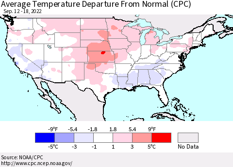 United States Average Temperature Departure from Normal (CPC) Thematic Map For 9/12/2022 - 9/18/2022