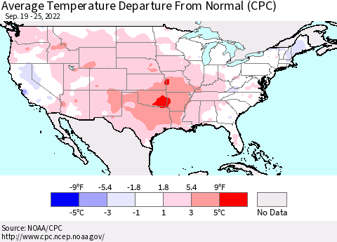 United States Average Temperature Departure from Normal (CPC) Thematic Map For 9/19/2022 - 9/25/2022