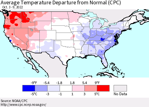 United States Average Temperature Departure from Normal (CPC) Thematic Map For 10/3/2022 - 10/9/2022