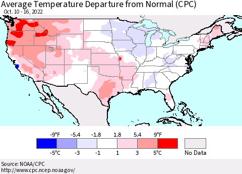 United States Average Temperature Departure from Normal (CPC) Thematic Map For 10/10/2022 - 10/16/2022