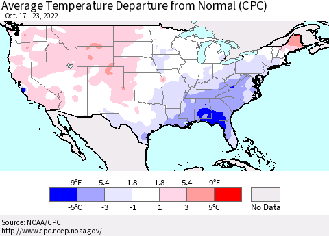 United States Average Temperature Departure from Normal (CPC) Thematic Map For 10/17/2022 - 10/23/2022