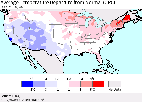 United States Average Temperature Departure from Normal (CPC) Thematic Map For 10/24/2022 - 10/30/2022
