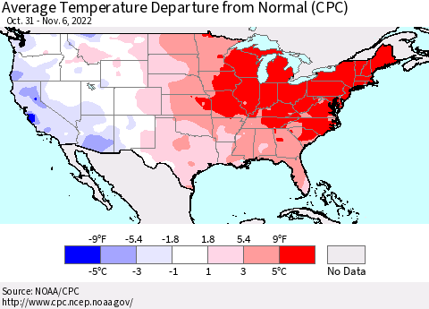 United States Average Temperature Departure from Normal (CPC) Thematic Map For 10/31/2022 - 11/6/2022