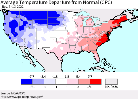 United States Average Temperature Departure from Normal (CPC) Thematic Map For 11/7/2022 - 11/13/2022