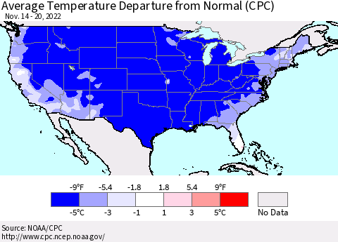 United States Average Temperature Departure from Normal (CPC) Thematic Map For 11/14/2022 - 11/20/2022