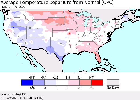 United States Average Temperature Departure from Normal (CPC) Thematic Map For 11/21/2022 - 11/27/2022