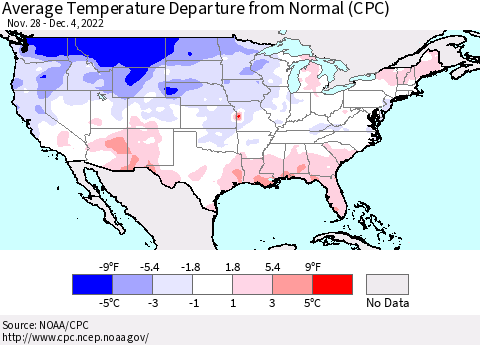 United States Average Temperature Departure from Normal (CPC) Thematic Map For 11/28/2022 - 12/4/2022