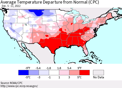 United States Average Temperature Departure from Normal (CPC) Thematic Map For 12/5/2022 - 12/11/2022