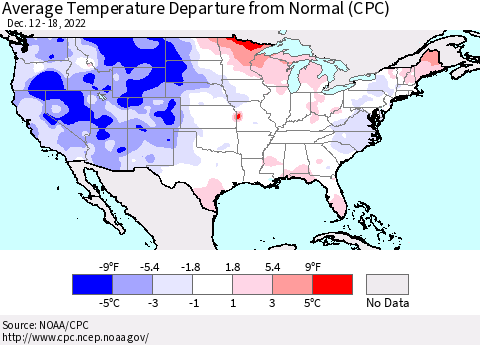 United States Average Temperature Departure from Normal (CPC) Thematic Map For 12/12/2022 - 12/18/2022