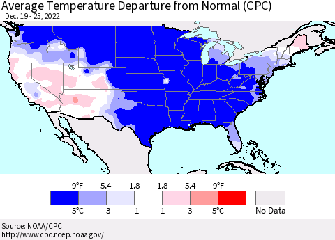 United States Average Temperature Departure from Normal (CPC) Thematic Map For 12/19/2022 - 12/25/2022