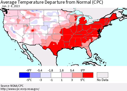 United States Average Temperature Departure from Normal (CPC) Thematic Map For 1/2/2023 - 1/8/2023