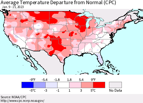 United States Average Temperature Departure from Normal (CPC) Thematic Map For 1/9/2023 - 1/15/2023