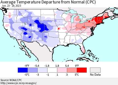 United States Average Temperature Departure from Normal (CPC) Thematic Map For 1/23/2023 - 1/29/2023