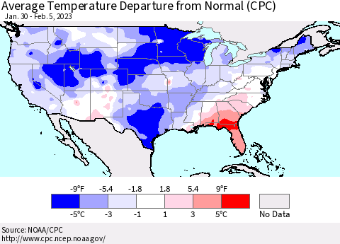 United States Average Temperature Departure from Normal (CPC) Thematic Map For 1/30/2023 - 2/5/2023