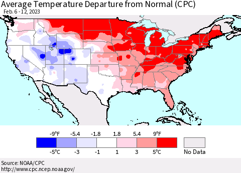 United States Average Temperature Departure from Normal (CPC) Thematic Map For 2/6/2023 - 2/12/2023