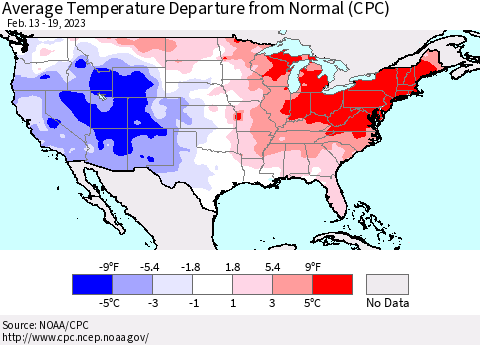 United States Average Temperature Departure from Normal (CPC) Thematic Map For 2/13/2023 - 2/19/2023