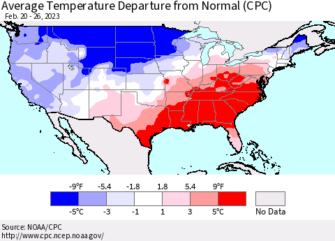 United States Average Temperature Departure from Normal (CPC) Thematic Map For 2/20/2023 - 2/26/2023