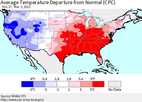 United States Average Temperature Departure from Normal (CPC) Thematic Map For 2/27/2023 - 3/5/2023