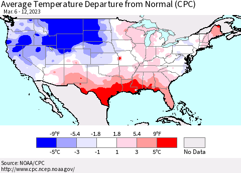 United States Average Temperature Departure from Normal (CPC) Thematic Map For 3/6/2023 - 3/12/2023