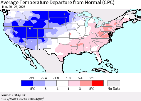 United States Average Temperature Departure from Normal (CPC) Thematic Map For 3/20/2023 - 3/26/2023