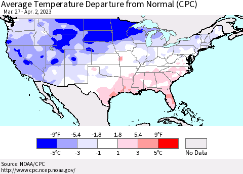 United States Average Temperature Departure from Normal (CPC) Thematic Map For 3/27/2023 - 4/2/2023