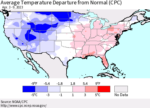 United States Average Temperature Departure from Normal (CPC) Thematic Map For 4/3/2023 - 4/9/2023