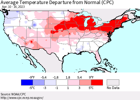United States Average Temperature Departure from Normal (CPC) Thematic Map For 4/10/2023 - 4/16/2023