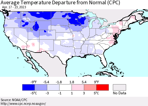 United States Average Temperature Departure from Normal (CPC) Thematic Map For 4/17/2023 - 4/23/2023