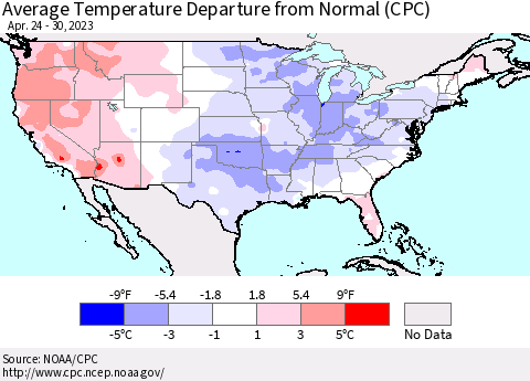 United States Average Temperature Departure from Normal (CPC) Thematic Map For 4/24/2023 - 4/30/2023
