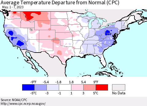 United States Average Temperature Departure from Normal (CPC) Thematic Map For 5/1/2023 - 5/7/2023