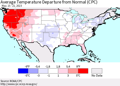 United States Average Temperature Departure from Normal (CPC) Thematic Map For 5/15/2023 - 5/21/2023