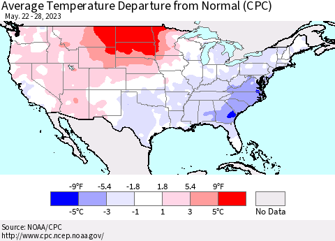 United States Average Temperature Departure from Normal (CPC) Thematic Map For 5/22/2023 - 5/28/2023