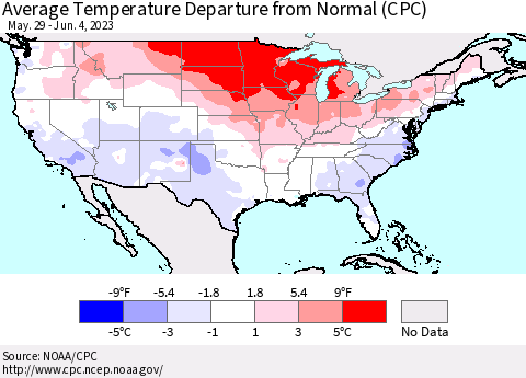 United States Average Temperature Departure from Normal (CPC) Thematic Map For 5/29/2023 - 6/4/2023