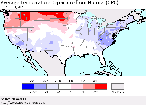 United States Average Temperature Departure from Normal (CPC) Thematic Map For 6/5/2023 - 6/11/2023