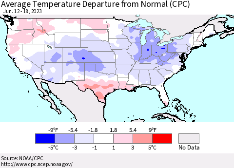 United States Average Temperature Departure from Normal (CPC) Thematic Map For 6/12/2023 - 6/18/2023