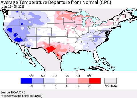 United States Average Temperature Departure from Normal (CPC) Thematic Map For 6/19/2023 - 6/25/2023