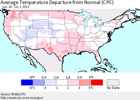 United States Average Temperature Departure from Normal (CPC) Thematic Map For 6/26/2023 - 7/2/2023