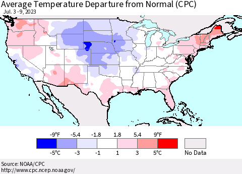United States Average Temperature Departure from Normal (CPC) Thematic Map For 7/3/2023 - 7/9/2023
