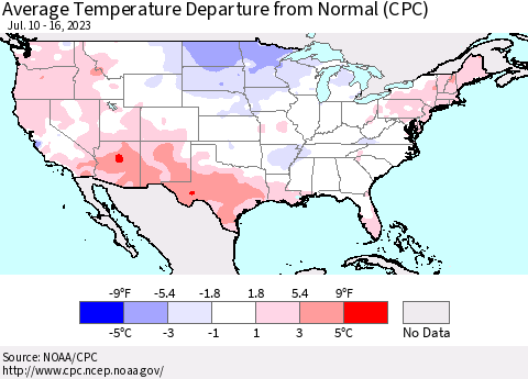 United States Average Temperature Departure from Normal (CPC) Thematic Map For 7/10/2023 - 7/16/2023
